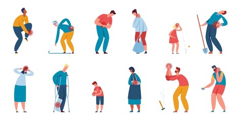 People suffering from injuries or joints aches, characters in pain. Men and women with headaches, injured leg or hurting neck vector set. Adults with broken arm and leg on crutches