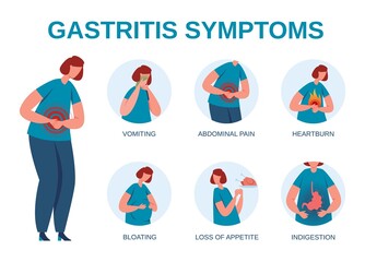 Gastritis symptoms infographic, woman with signs of stomach inflammation. Abdominal pain, heartburn, digestive disease vector diagram. Bloating and loss of appetite health diagnosis