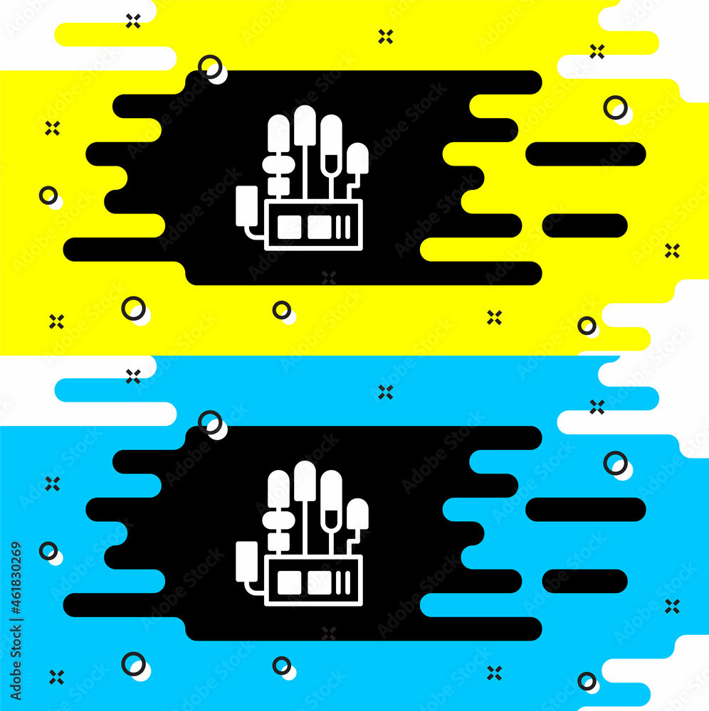 Poster white mechanical robot hand icon isolated on black background. robotic arm symbol. technological con