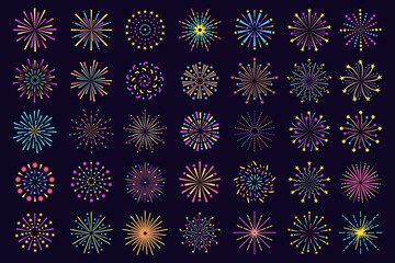 Colorful Fireworks icon, abstract festive firecracker sparkle. Firework explosion, bengal lights burst party celebration elements vector set. Holiday fire glowing isolated on night sky