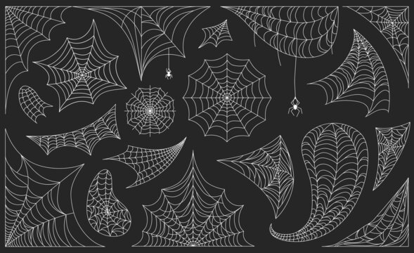 Halloween cobwebs with spiders, black spiderweb frames and borders. Scary cobweb frame or corner decoration, spooky web silhouette vector set. Horror hanging insect on web for holiday decoration