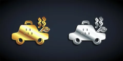 Papier Peint photo autocollant Course de voitures Gold and silver Broken taxi car icon isolated on black background. Long shadow style. Vector