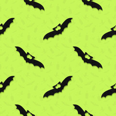 Bat on a bright background, seamless pattern design for halloween.