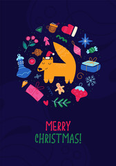 Fox and New Year's holiday attributes in circular composition. Merry Christmas template of card, poster, flyer. Happy New Year cute cartoon illustration. Vector