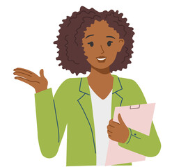 African-American girl with a folder or tablet in office clothes serves clients.