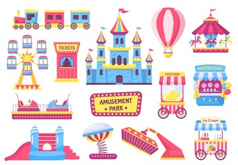 Amusement park elements, festival or carnival fairground games. Roller coaster, train, carousel, circus tent, fair attractions vector set. Popcorn and ice cream food stalls, flying hot air balloon