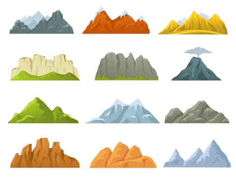 Cartoon mountains ridges, rocky cliffs, snowy peaks and hills. Stone cliff, volcano, hill, mountain nature game design elements vector set. Rocky landscape of different shape, traveling concept