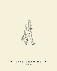 A man with a gym bag. A man with a glass of takeaway coffee. Vector line drawing of athlete. Vector logo with people.