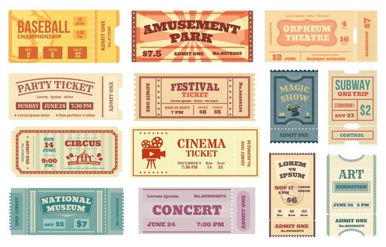Vintage tickets, retro movie, concert, theater ticket. Old paper voucher card, sports event entrance pass, circus admit one coupon vector set. Different performance and championship