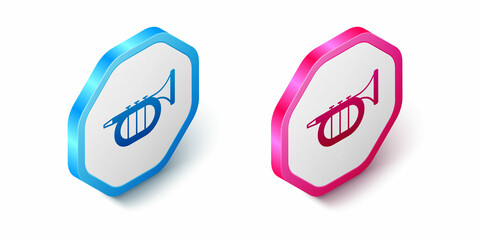 Isometric Trumpet icon isolated on white background. Musical instrument. Hexagon button. Vector