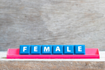 Tile letter on red rack in word female on wood background