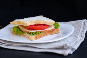 sandwich with ham tomatoes cheese with salad on a white plate
