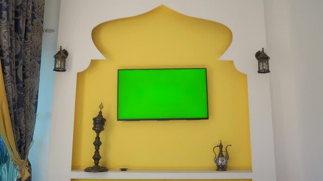 Wall with TV and green screen in the style of the Middle East and North Africa. Arab Cup in Qatar