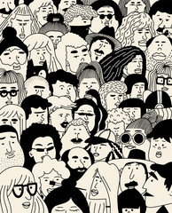 Crowd. Faces collection. People faces contour collage. Outline people. Face avatars. Men and women. Various haircuts. Cartoon style, simple flat design. Trendy illustration. Only insert text.