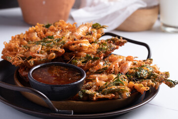 Fried Shrimp with Fern Leaves with Spicy Sauce Local Southern Thai food