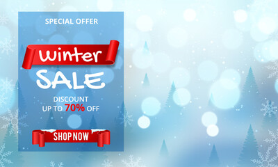 Winter sale banner design with white snowflakes