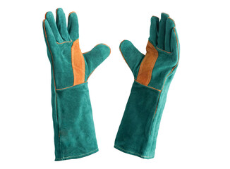 Green heat-resistant welding gloves made of leather
