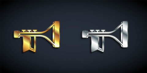 Gold and silver Trumpet icon isolated on black background. Musical instrument. Long shadow style. Vector