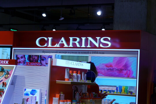 Volgograd, Russia-September 16, 2021: Clarins logo shop seller cosmetics perfume and personal care. Selective focus