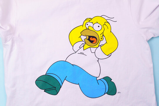 Tyumen, Russia-August 27, 2021: Simpsons on a Homer Simpson T-shirt. American adult animated sitcom created by Matt Groening