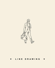 Fototapeta na wymiar A man with a gym bag. A man with a glass of takeaway coffee. Abstract line drawing of athlete. Line logo with people.