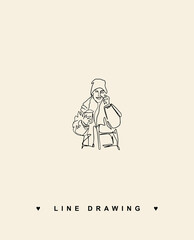 Continuous one line drawing of man portrait. Fashionable men's style. A man in a hat drawn by a line. A glass of coffee in hands. Drink takeaway coffee. Line logo with coffee.