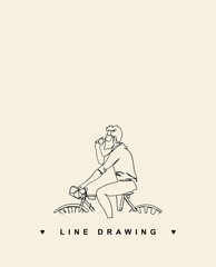 Bearded man with coffee. Athletic man. The guy on the bike. Continuous line drawing. Man with beard line drawing. Mans logo.