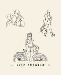 Fototapeta na wymiar Continuous line drawing. Girl on a bike. Athletic woman. Couple in love. Businessman. A man goes to the gym with a gym bag. Line logo with people.