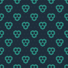 Green line Honeycomb icon isolated seamless pattern on blue background. Honey cells symbol. Sweet natural food. Vector