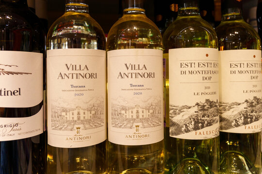 Volzhsky, Russia-September 21, 2021: Wine villa antinori 2020 wine was made only from two grape varieties Trebbiano and Malvasia. Hypermarket shelves
