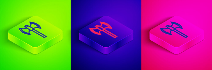 Isometric line Medieval poleaxe icon isolated on green, blue and pink background. Square button. Vector