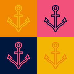 Pop art line Anchor icon isolated on color background. Vector