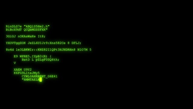Large green letters of the computer program from left to right fill the black screen, line by line going up. Big data code.