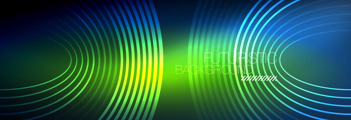 Dark abstract background with glowing neon circles. Trendy layout template for business or technology presentation, internet poster or web brochure cover, wallpaper