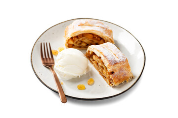 Traditional homemade apple strudel with caramelized apples and raisins , served with ice cream ball. isolated on white background	