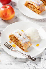 Traditional homemade apple strudel with caramelized apples and raisins , served with ice cream ball.	