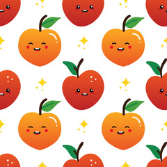 Cute smiling cartoon style apple and peach characters vector seamless pattern background for food and harvest design.
