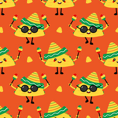 Cute cartoon taco characters dancing with maracas and wearing sombrero vector seamless pattern background for food and mexican holidays design.