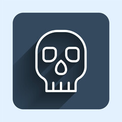 White line Skull icon isolated with long shadow background. Happy Halloween party. Blue square button. Vector