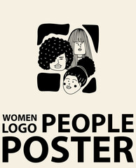 Three women with different hairstyles. Logo line made of female faces. Female logo. Group of women. Black logotype with people. Black and white poster. Women icon. Three different nationalities.