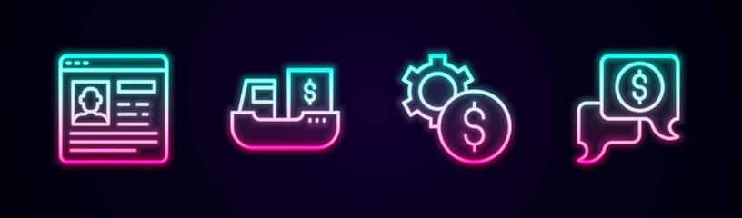 Set line Resume, Cargo ship with boxes delivery, Gear dollar symbol and Business negotiations. Glowing neon icon. Vector
