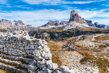 Autumn panorama on Monte Piana. View from the trenches to the three peaks of Lavaredo. Dolomites.