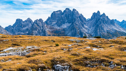 Autumn panorama on Monte Piana. View from the trenches to the three peaks of Lavaredo. Dolomites.