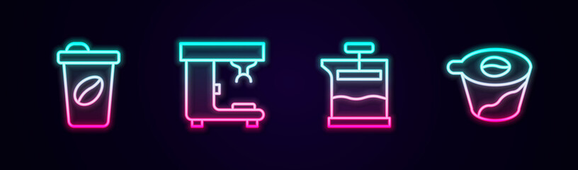 Set line Coffee cup to go, machine, French press and Pour over coffee maker. Glowing neon icon. Vector