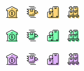Set line Carton cardboard box, Warehouse price, and Cardboard boxes pallet icon. Vector