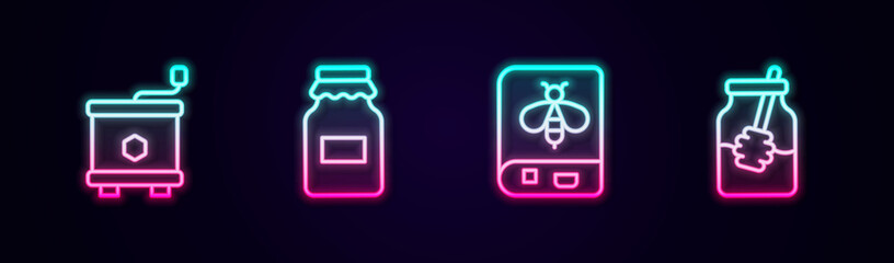 Set line Honey extractor, Jar of honey, Book about bee and and dipper stick. Glowing neon icon. Vector