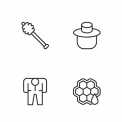 Set line Honeycomb, Beekeeper costume, dipper stick and with protect hat icon. Vector