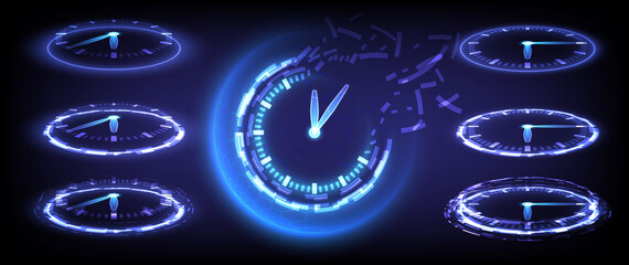 Time machine, timer and deadline. Sci-fi digital high-tech collection in glowing HUD elements clock. Hologram portal of science futuristic technology. Magic warp gate in game fantasy. Teleport podium - obrazy, fototapety, plakaty