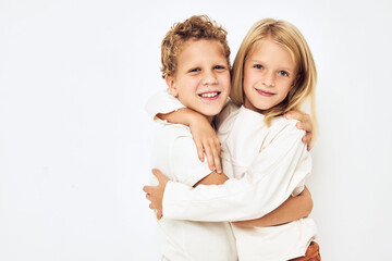 little cheerful cheery friends gesticulate with their hands isolated background