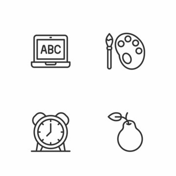 Set line Pear, Alarm clock, Laptop and Paint brush with palette icon. Vector